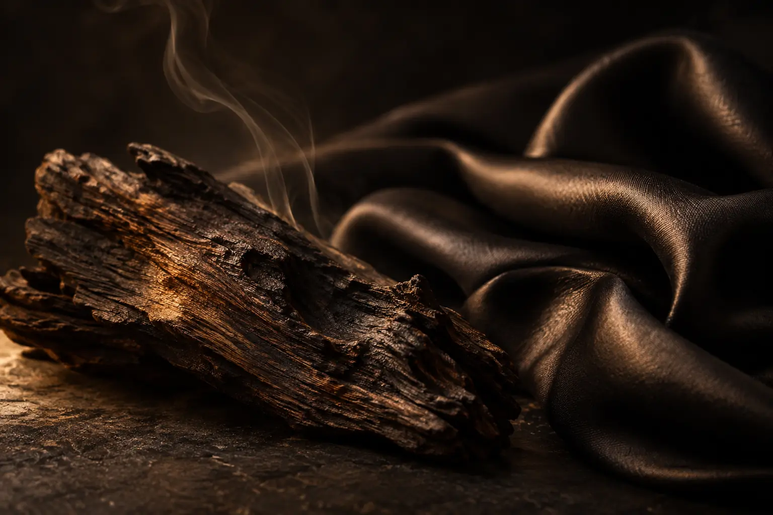 Dunkles Holz, schwarze Seide und eine feine Rauchspur im warmen Amberlicht